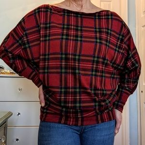 Red tartan plaid dolman lightweight sweater